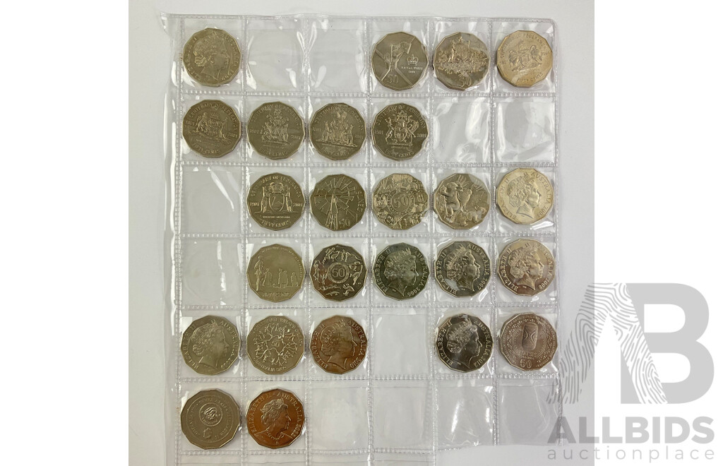 Colection of Australian Fifty Cent Coins Including 2000 Royal Visit, 2001 Federation, ACT, NSW, Norfolk Islands, NT, Queensland, WA, 2002 Year of the Outback, 20141 AIATSIS, 2016 Fifty Years Decimal Currency and More