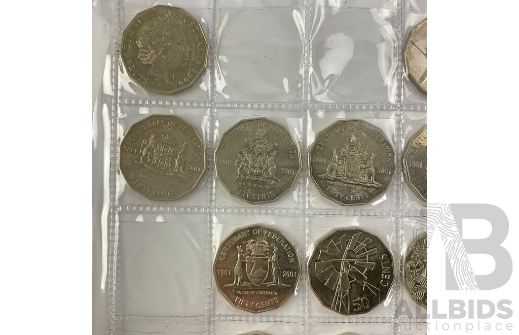 Colection of Australian Fifty Cent Coins Including 2000 Royal Visit, 2001 Federation, ACT, NSW, Norfolk Islands, NT, Queensland, WA, 2002 Year of the Outback, 20141 AIATSIS, 2016 Fifty Years Decimal Currency and More