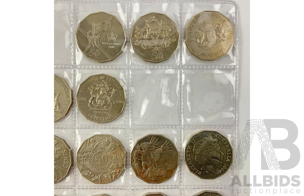 Colection of Australian Fifty Cent Coins Including 2000 Royal Visit, 2001 Federation, ACT, NSW, Norfolk Islands, NT, Queensland, WA, 2002 Year of the Outback, 20141 AIATSIS, 2016 Fifty Years Decimal Currency and More