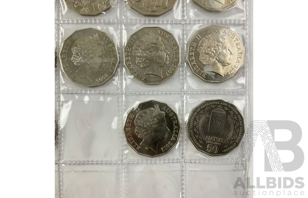 Colection of Australian Fifty Cent Coins Including 2000 Royal Visit, 2001 Federation, ACT, NSW, Norfolk Islands, NT, Queensland, WA, 2002 Year of the Outback, 20141 AIATSIS, 2016 Fifty Years Decimal Currency and More