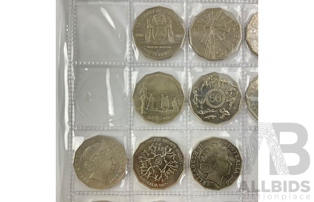 Colection of Australian Fifty Cent Coins Including 2000 Royal Visit, 2001 Federation, ACT, NSW, Norfolk Islands, NT, Queensland, WA, 2002 Year of the Outback, 20141 AIATSIS, 2016 Fifty Years Decimal Currency and More