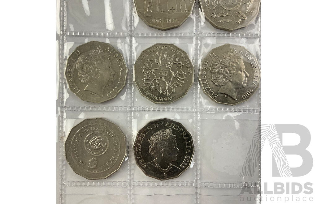 Colection of Australian Fifty Cent Coins Including 2000 Royal Visit, 2001 Federation, ACT, NSW, Norfolk Islands, NT, Queensland, WA, 2002 Year of the Outback, 20141 AIATSIS, 2016 Fifty Years Decimal Currency and More