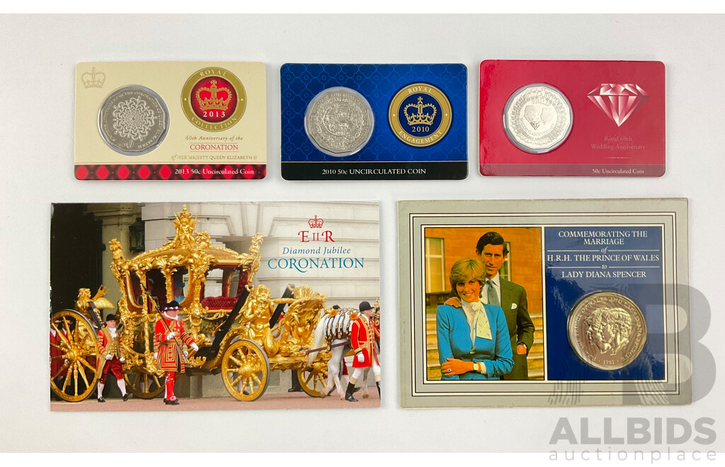 Three Australian RAM and Royal Mint Royal Commemorative Coins and Stamps Including Fifty Cent 2007 60th Wedding Anniversary, 2010 Royal Engagement, 2013 QE2 Coronation 60th Anniversary.........