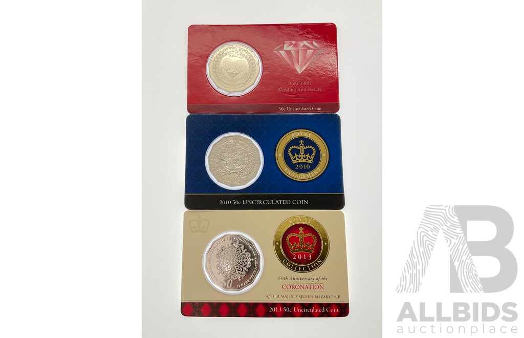 Three Australian RAM and Royal Mint Royal Commemorative Coins and Stamps Including Fifty Cent 2007 60th Wedding Anniversary, 2010 Royal Engagement, 2013 QE2 Coronation 60th Anniversary.........