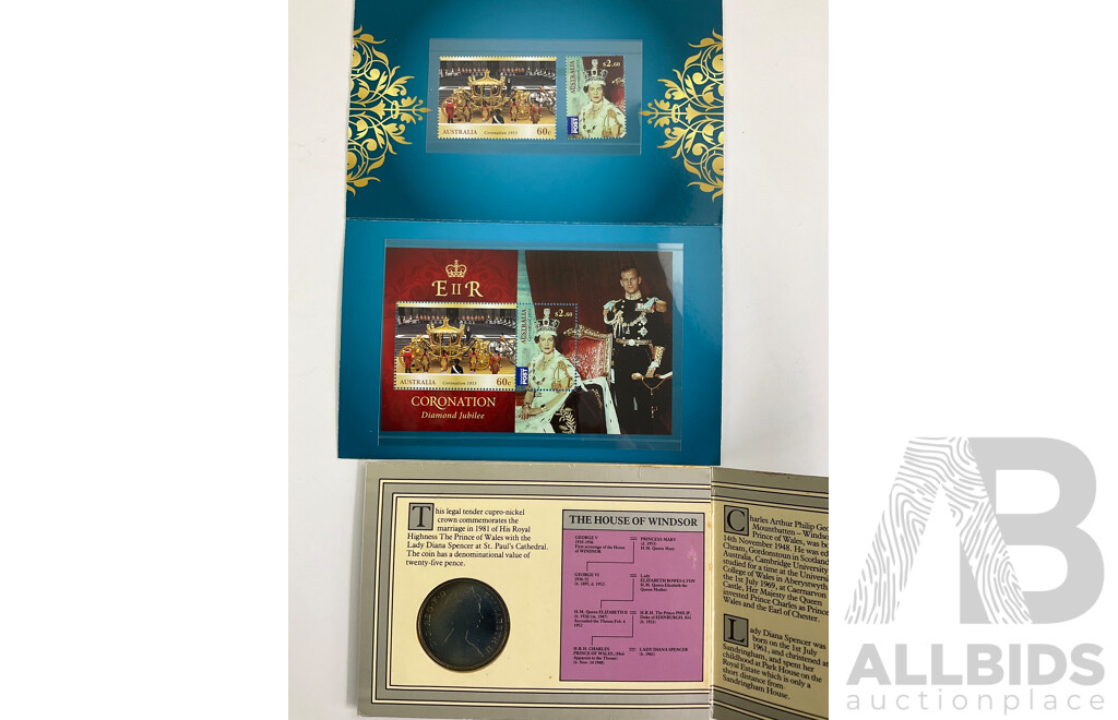 Three Australian RAM and Royal Mint Royal Commemorative Coins and Stamps Including Fifty Cent 2007 60th Wedding Anniversary, 2010 Royal Engagement, 2013 QE2 Coronation 60th Anniversary.........