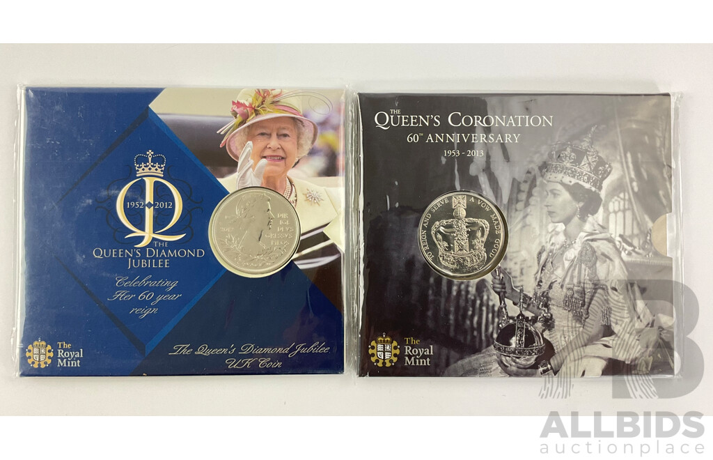 United Kingdom Royal Mint Commemorative Five Pound Coins, 2012 Queen's Diamond Jubilee and 2013 Queens Coronation 60th Anniversary