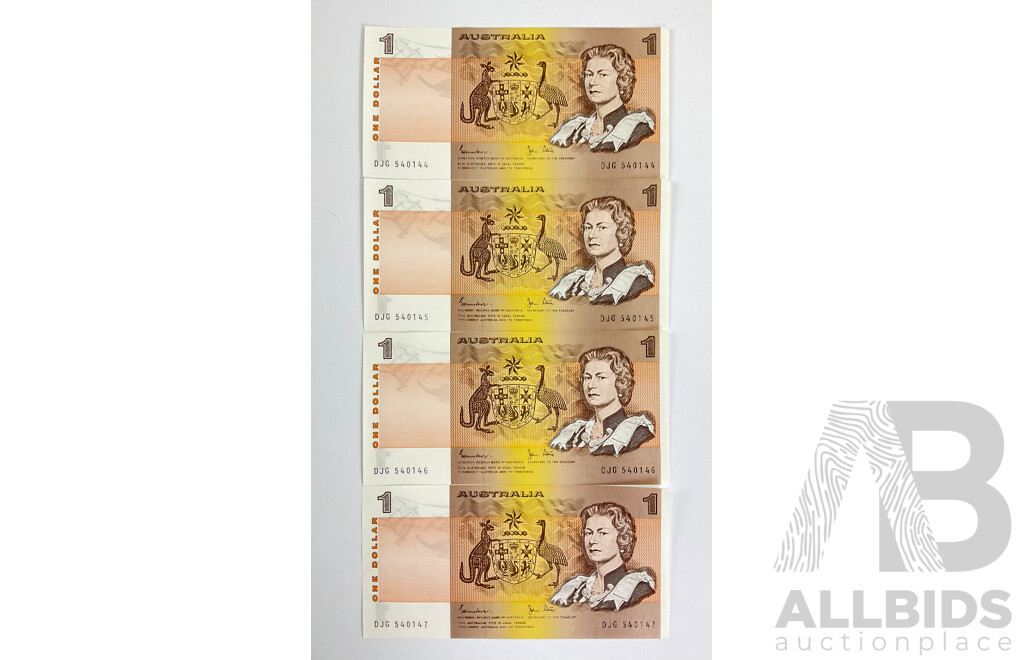 Four Australian 1982 One Dollar Notes Johnston/Stone, R78 Consecutive DJG 540144 - DJG 540147