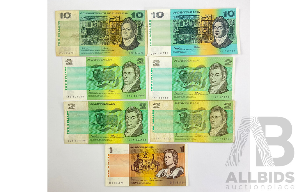 Australian Ten Dollar Notes 1972 Phillips/Wheeler, 1985 Johnston/Fraser, 1985 Two Dollar Notes Johnston/Fraser(4) 1982 One Dollar Johnston/Stone