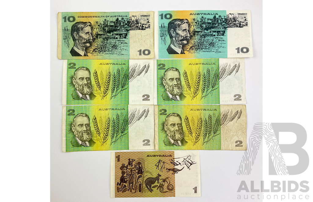 Australian Ten Dollar Notes 1972 Phillips/Wheeler, 1985 Johnston/Fraser, 1985 Two Dollar Notes Johnston/Fraser(4) 1982 One Dollar Johnston/Stone