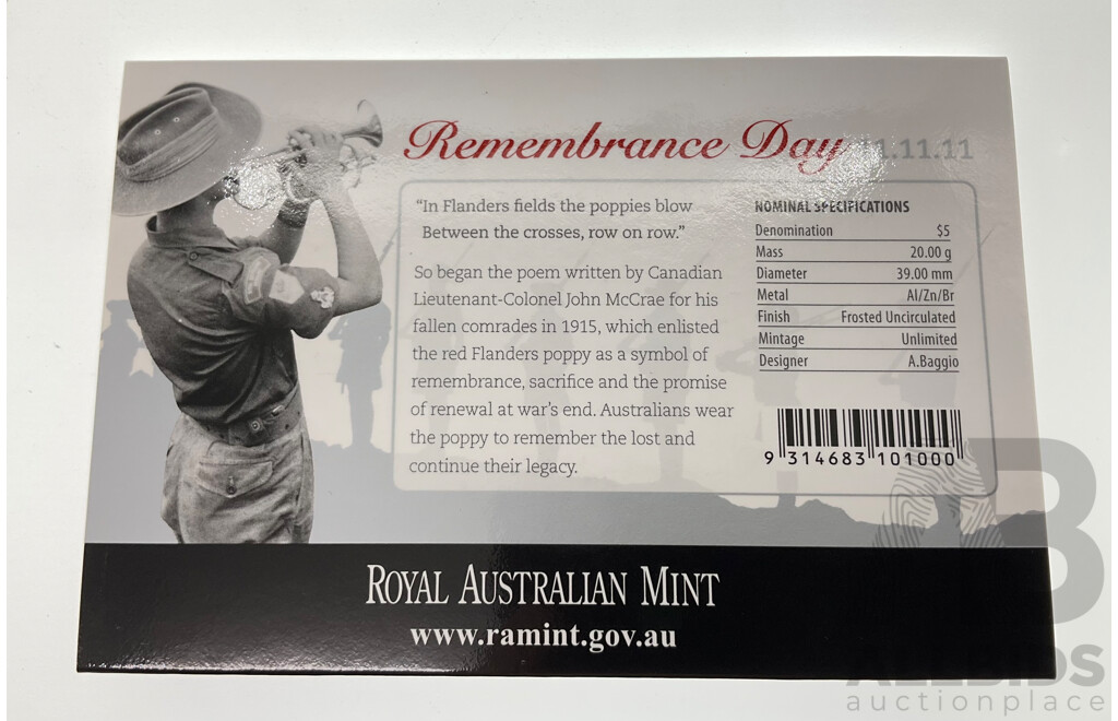 Australian 2011 Five Dollar Commemorative Remembrance Day Pad Printed Coin