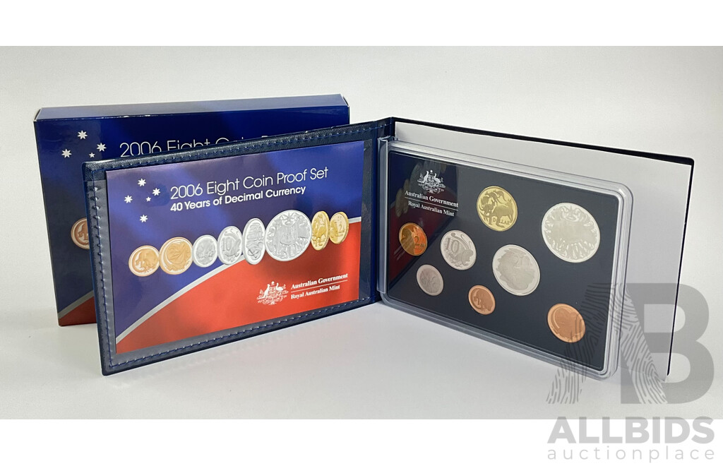 Australian RAM 2006 Eight Proof Coin Set, Forty Years of Decimal Currency with Round Silver Fifty Cent Coin .800