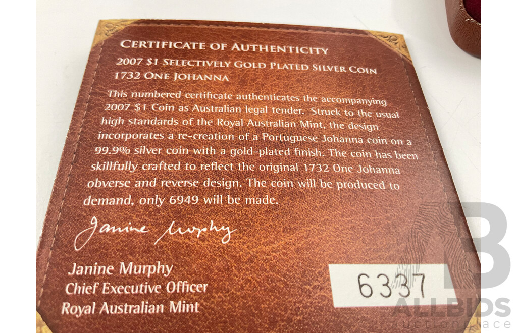 Australian RAM 2007 Subscription Coin 1732 One Johanna, Silver with Gold Plating