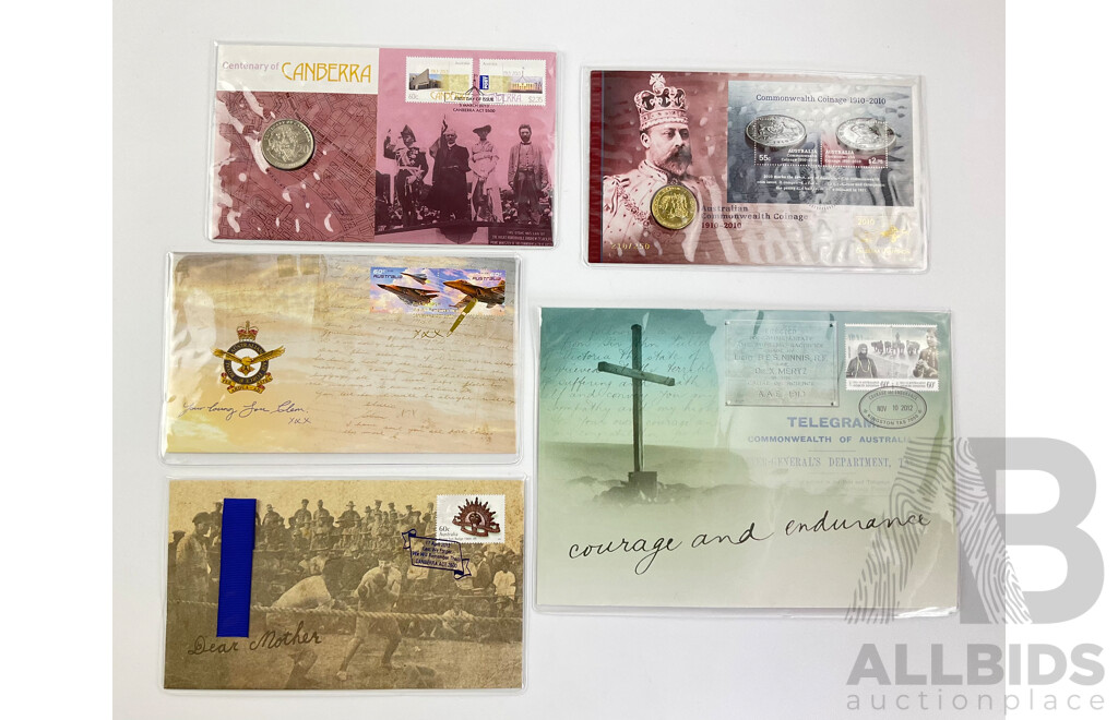 Australian PNCs and FDCs Including 2013 Centenary of Canberra, 2012 Lest We Fordet, 2011 RAAF, 2012 Courage and Endurance, 2010 Commonwealth Coinage