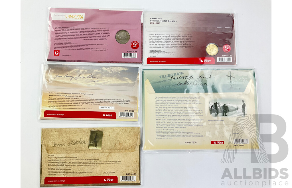 Australian PNCs and FDCs Including 2013 Centenary of Canberra, 2012 Lest We Fordet, 2011 RAAF, 2012 Courage and Endurance, 2010 Commonwealth Coinage
