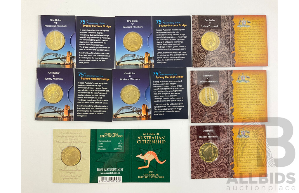 Australian Commemorative One Dollar Coins Including 2007 Sydney Harbour Bridge, Mint Marks C, B, S, M, 2008 100 Years of Coat Arms, Mint Marks S, C, B, 2009 60 Years Australian Citizenship