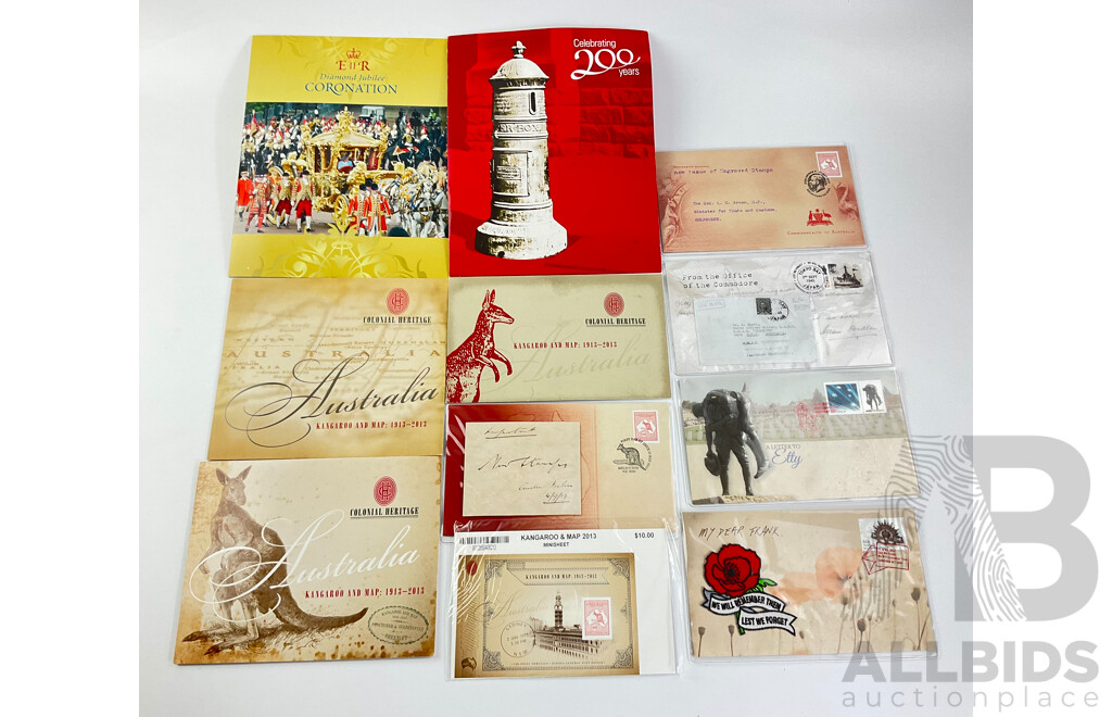Australian Stamp Packs and PNCs Including Colonial Heritage, QE2 Diamond Jubilee Coronation, Australia Post Two Hundred Years, 2011 War Time Letters,
