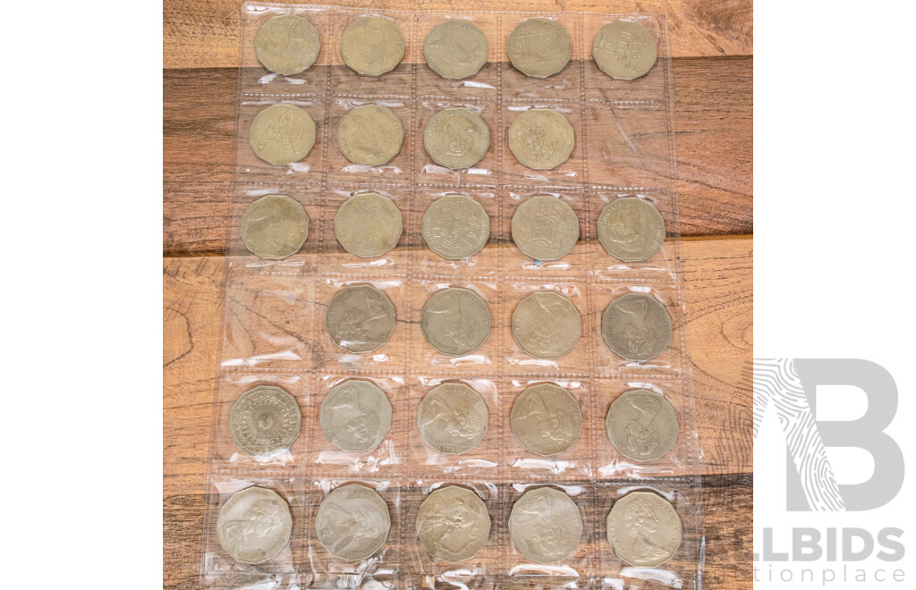 Collection of Australian Fifty Cent Coins, Consecutive 1969 to 1998 Including 1979/80 Double Bar and Commemorative