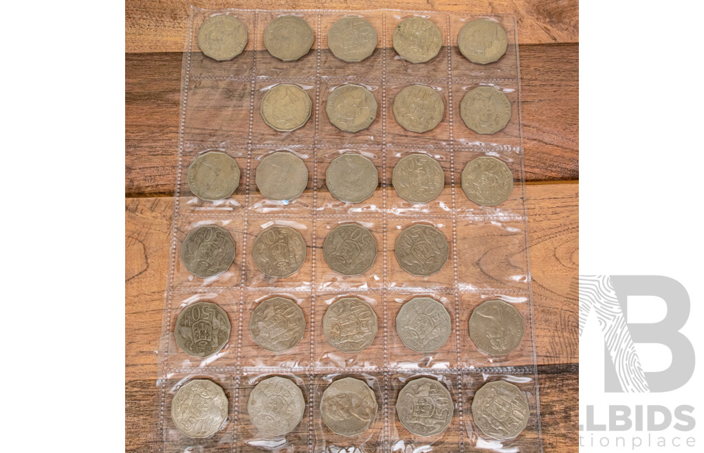 Collection of Australian Fifty Cent Coins, Consecutive 1969 to 1998 Including 1979/80 Double Bar and Commemorative