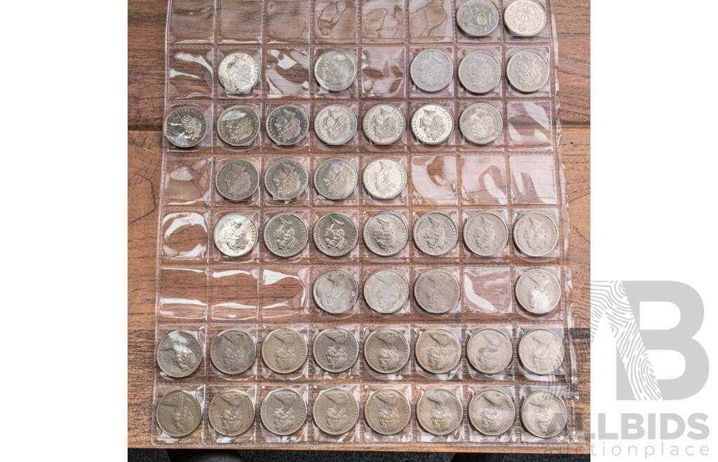 Collection of Australian Ten Cent Coins Consecutive 1966 to 1984, 1988 to 1994, 1998 to 2010, 2012, 2014, 2016 Fifty Years Decimal Currency and Standard Issue