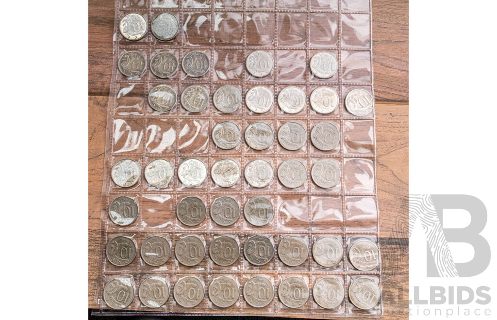 Collection of Australian Ten Cent Coins Consecutive 1966 to 1984, 1988 to 1994, 1998 to 2010, 2012, 2014, 2016 Fifty Years Decimal Currency and Standard Issue