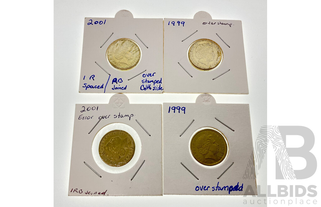 Four Australian Two Dollar Coins 1999 and 2001, Over Stamp/Rim Errors