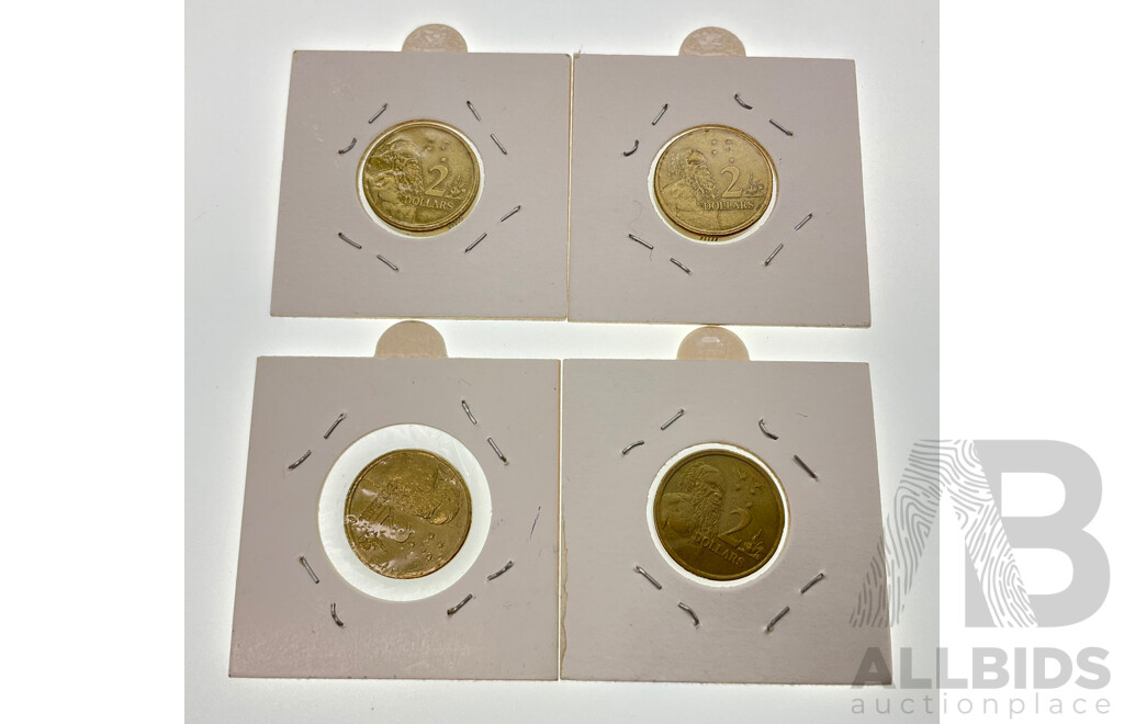 Four Australian Two Dollar Coins 1999 and 2001, Over Stamp/Rim Errors