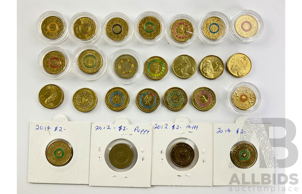 Australian Two Dollar Coins Commemorative and Standard Isuue Including 1999, 2012, 2014, 2015, 2016 2017, 2018, 2019, 2020, 2021