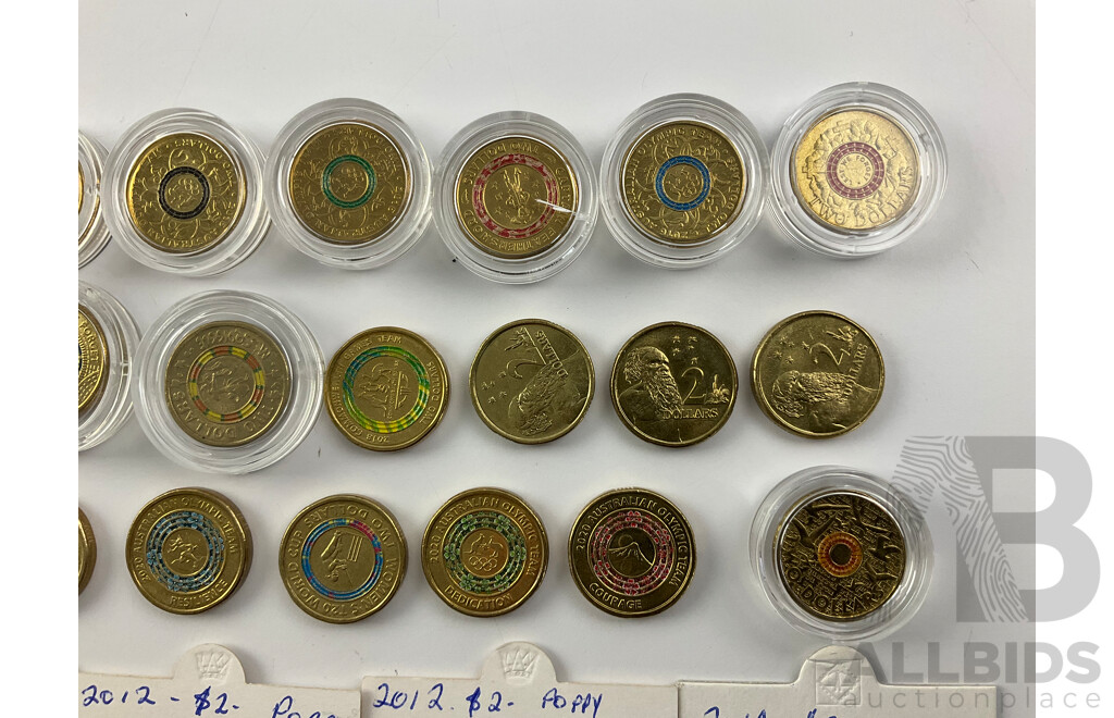 Australian Two Dollar Coins Commemorative and Standard Isuue Including 1999, 2012, 2014, 2015, 2016 2017, 2018, 2019, 2020, 2021