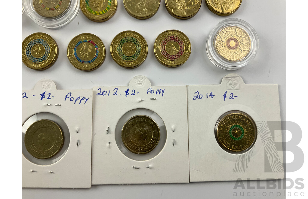 Australian Two Dollar Coins Commemorative and Standard Isuue Including 1999, 2012, 2014, 2015, 2016 2017, 2018, 2019, 2020, 2021