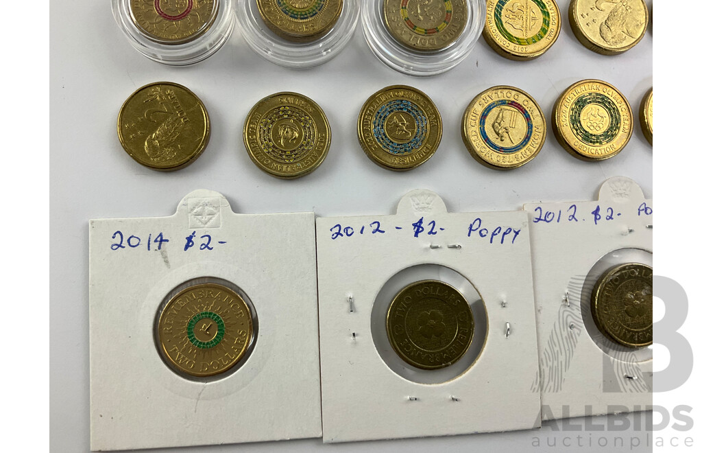 Australian Two Dollar Coins Commemorative and Standard Isuue Including 1999, 2012, 2014, 2015, 2016 2017, 2018, 2019, 2020, 2021