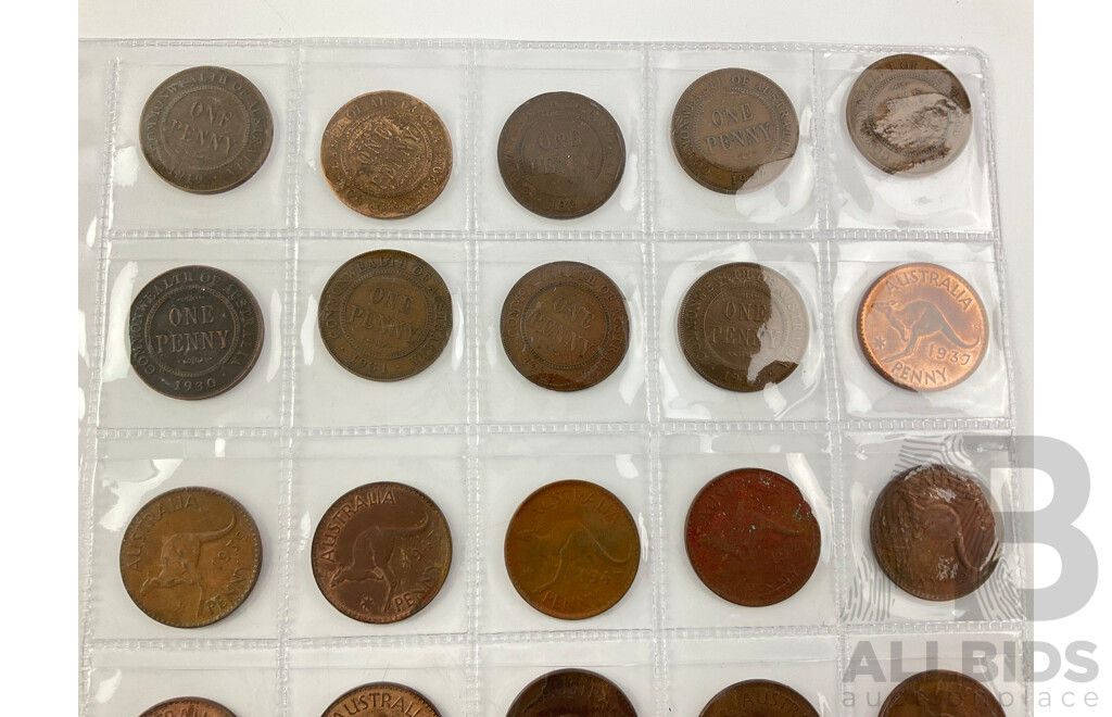 Australian Pennies and Half Pennies, KGV, KGVI, QE2, Examples Spanning 1919 to 1963 Including 1930 Album Filler