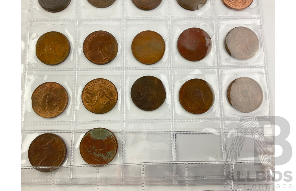 Australian Pennies and Half Pennies, KGV, KGVI, QE2, Examples Spanning 1919 to 1963 Including 1930 Album Filler