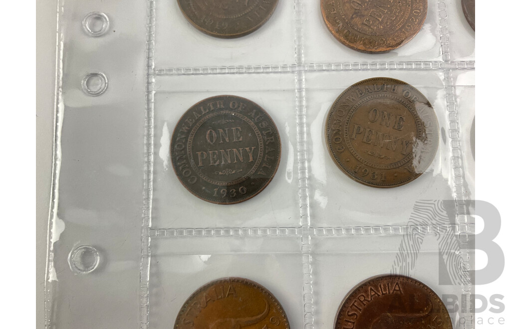 Australian Pennies and Half Pennies, KGV, KGVI, QE2, Examples Spanning 1919 to 1963 Including 1930 Album Filler