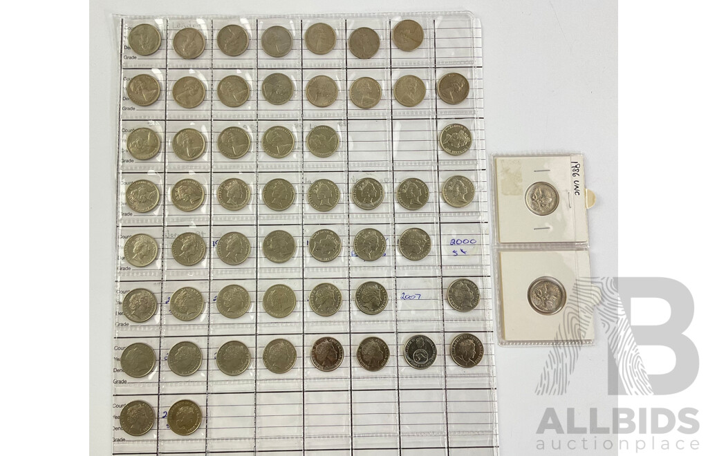 Australian Five Cent Coin Collection, Mostly Consecutive 1966 to 2022, Short and Long Spine, 1984 Echidna Variant, 2016 Fifty Years Decimal Currency