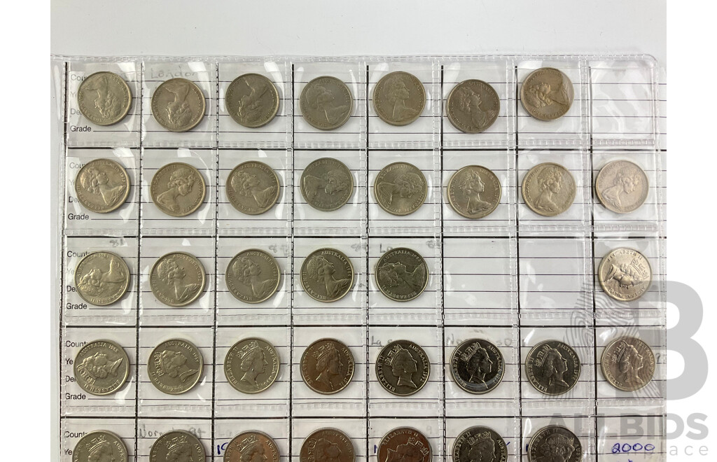 Australian Five Cent Coin Collection, Mostly Consecutive 1966 to 2022, Short and Long Spine, 1984 Echidna Variant, 2016 Fifty Years Decimal Currency