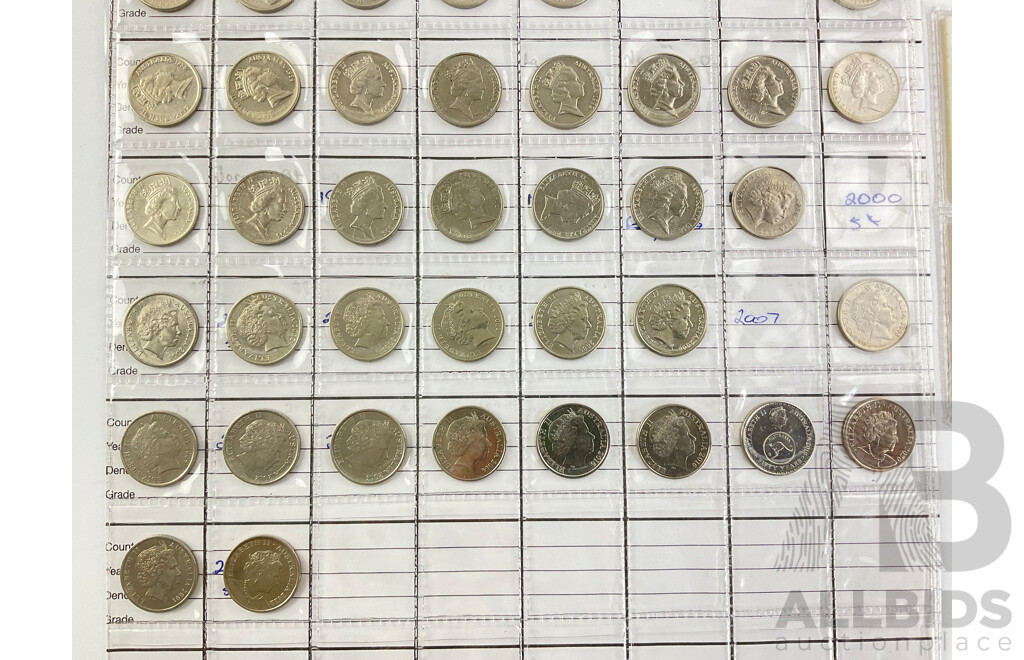 Australian Five Cent Coin Collection, Mostly Consecutive 1966 to 2022, Short and Long Spine, 1984 Echidna Variant, 2016 Fifty Years Decimal Currency