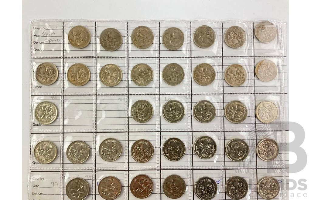 Australian Five Cent Coin Collection, Mostly Consecutive 1966 to 2022, Short and Long Spine, 1984 Echidna Variant, 2016 Fifty Years Decimal Currency