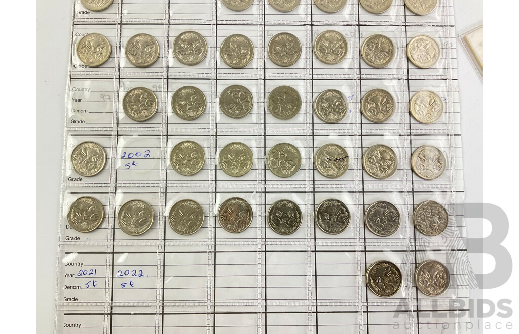 Australian Five Cent Coin Collection, Mostly Consecutive 1966 to 2022, Short and Long Spine, 1984 Echidna Variant, 2016 Fifty Years Decimal Currency