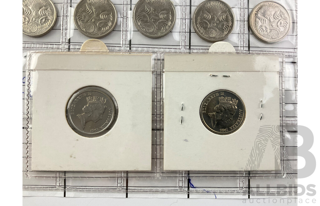 Australian Five Cent Coin Collection, Mostly Consecutive 1966 to 2022, Short and Long Spine, 1984 Echidna Variant, 2016 Fifty Years Decimal Currency