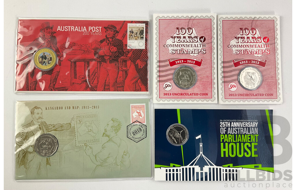 Australian Commemorative Coins and PNCs Including One Hundred Years of Commonwealth Stamps, 25th Anniversary of Parliament House, Kangaroo and Map, Australia Post Two Hundred Years
