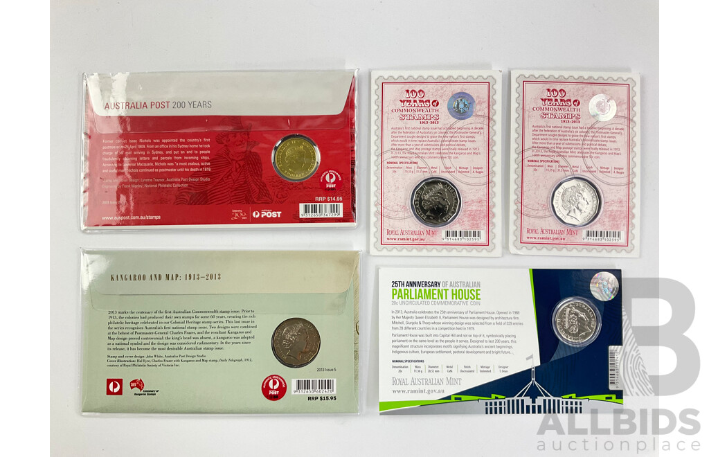 Australian Commemorative Coins and PNCs Including One Hundred Years of Commonwealth Stamps, 25th Anniversary of Parliament House, Kangaroo and Map, Australia Post Two Hundred Years