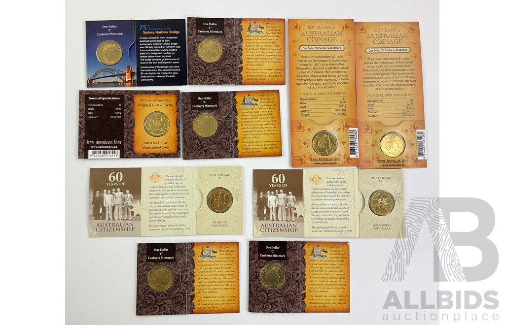 Ten Australian Commemorative One Dollar Coins Including 2009 Sixty Years Citizenship 'M' 'B' Mint Marks, 2010 One Hundred Years of Coinage(2) 'C' Mint Marks, 2008 One Hundred Years Coat of Arms 'C'(4) 'S' Mint Marks....