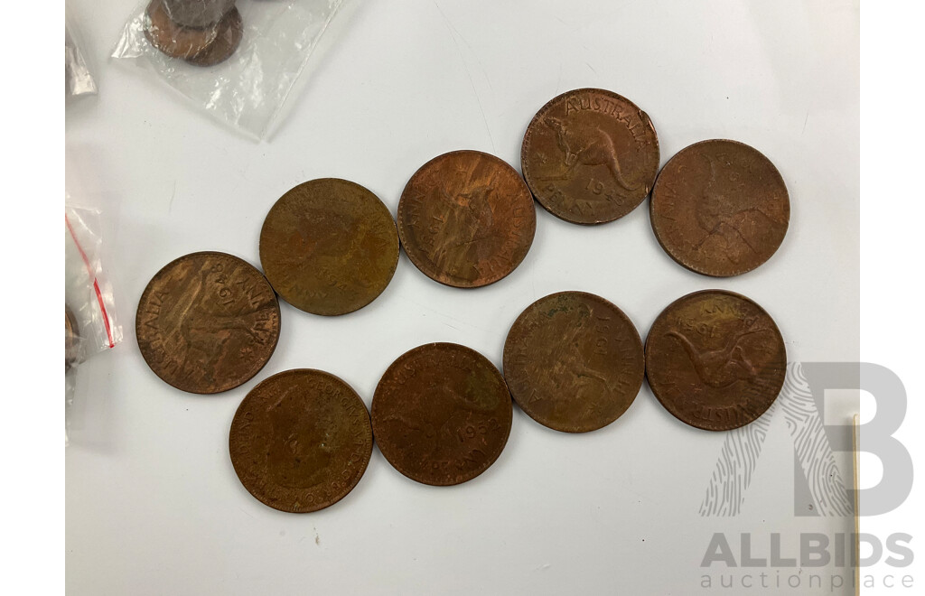 Collection of Australian Copper Coins Including One and Two Cents Spanning 1966 to 1985, Pennies, Half Penny, Commemorative Coins