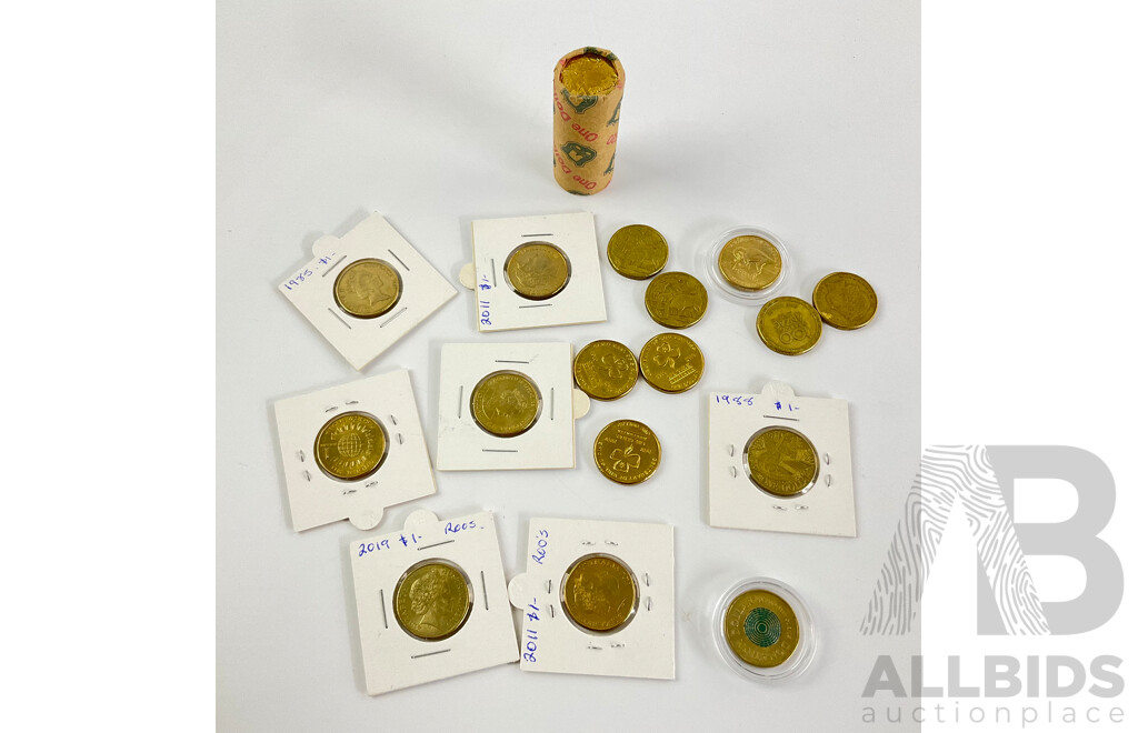 Thirty Six Australian One Dollar Coins Including Tails to Tails Mystery Coin Roll, 2022 Dinosaurs, 2011 CHOGM, 1988 Aboriginal Kangaroo, 2023 AFL, 2014 ANZAC, 1999 Year of Older Person, 2010 Girl Guides, 2021 Donation Dollar