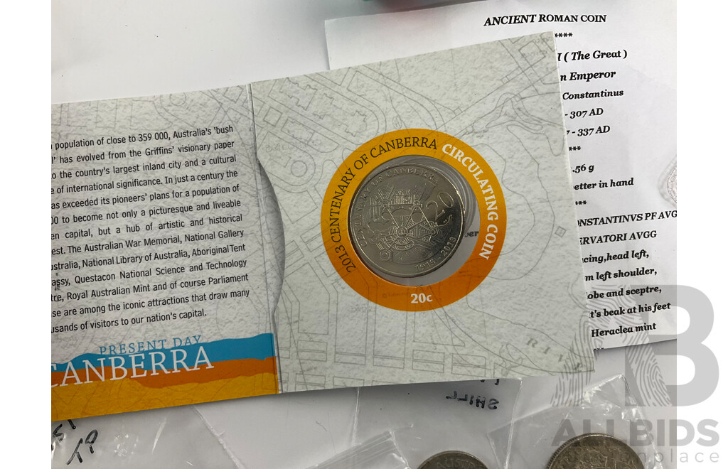 Collection of Collectable Coins Including Australian Silver Predecimal, 2016 Twenty and Five Cents 50 Years Decimal Currency, 2013 Twenty Cent Canberra Centenary, Ancient Roman Coin and More