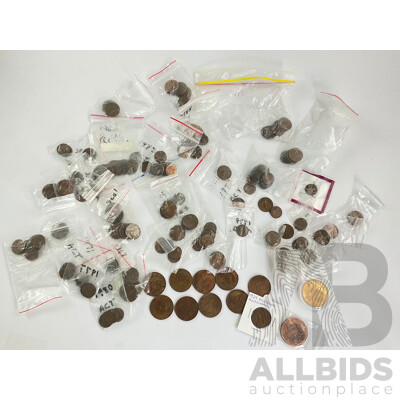 Collection of Australian Copper Coins Including One and Two Cents Spanning 1966 to 1985, Pennies, Half Penny, Commemorative Coins