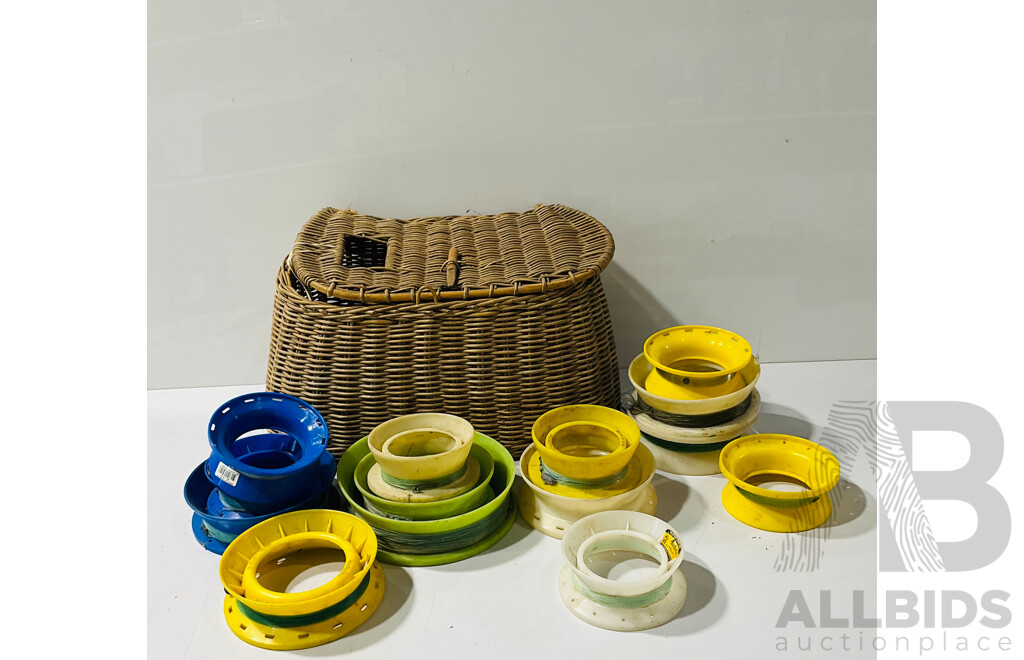 Collection of Vintage Hand Reels in Cane Basket