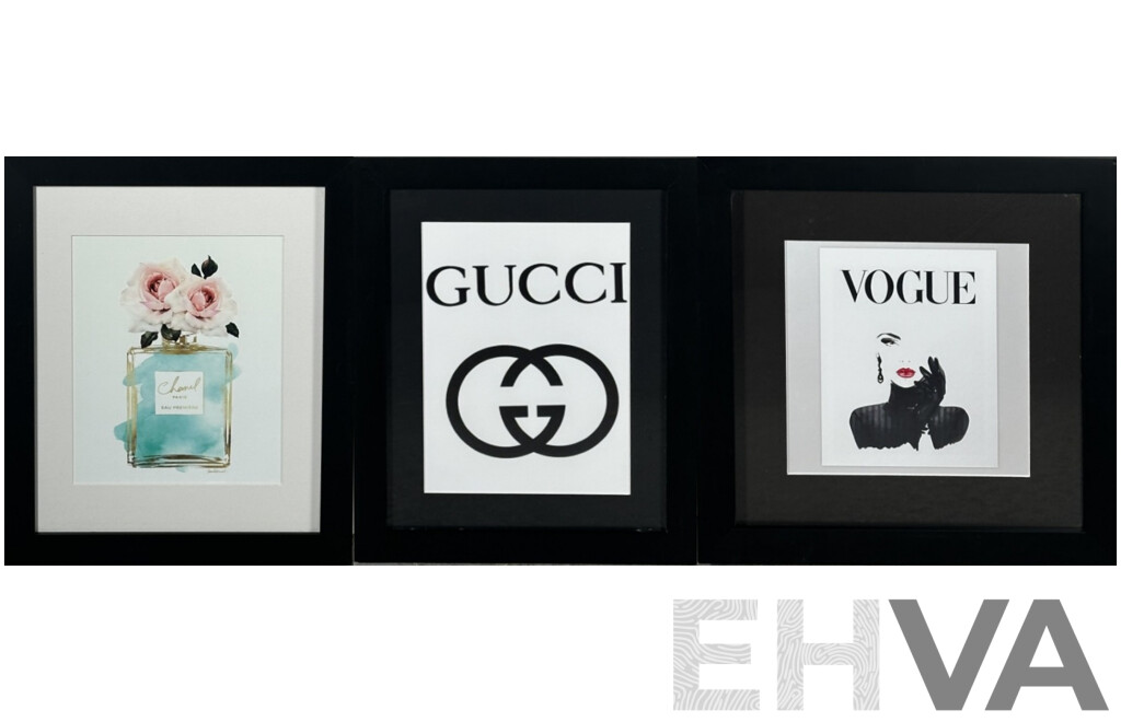 Collection of Three Designer Label Advertisements, Chanel Paris Eau Premiere, Gucci & Vogue, Quality Reproduction Prints, 40 x 33 cm x 2 & 35 x 35 cm x 1 (3)