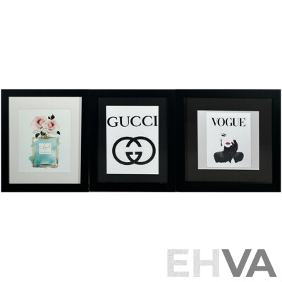 Collection of Three Designer Label Advertisements, Chanel Paris Eau Premiere, Gucci & Vogue, Quality Reproduction Prints, 40 x 33 cm x 2 & 35 x 35 cm x 1 (3)