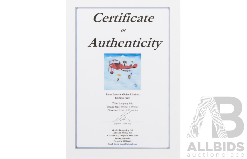 Peter Browne, (20th Century, Australian, 1947-), Jumping Ship, Giclee Limited Edition Print, Hand Signed, 65 x 65 cm (frame)